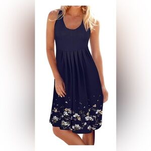 NWT Navy Pleated Sun Dress Beach Midi Sleeveless Light Floral Casual Relaxed Fit